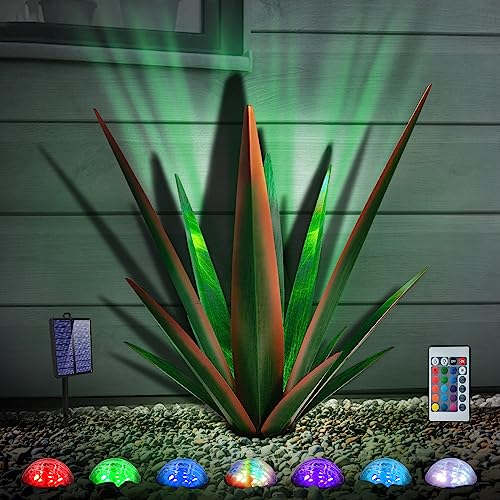 Image of KODIBO Large Metal Agave Plant Outdoor Decor with Solar Light, Dark Green | Tequila Rustic Sculpture with Solar Light, Weather-Resistant Material, Outdoor Garden Sculpture for Patio Path Courtyard Lawn