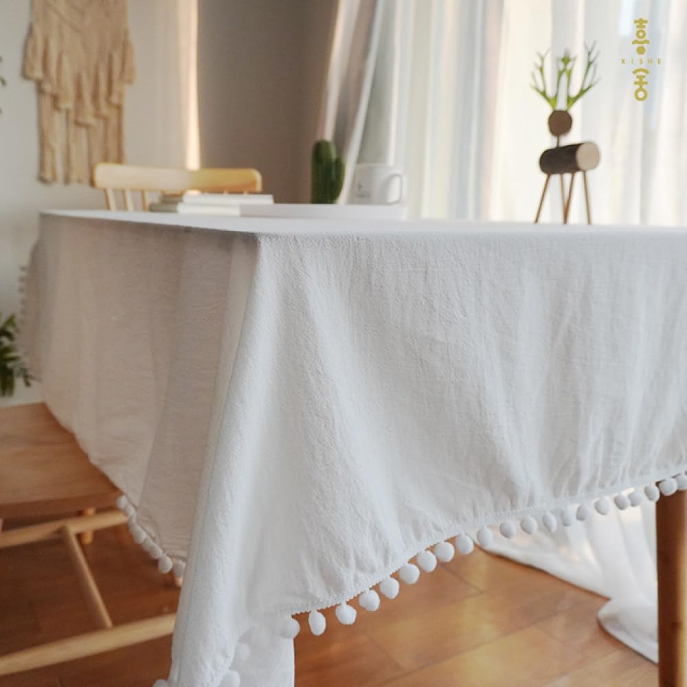 Nappe en coton blanche 140x300 cm avec glands élégants pour table de banquet