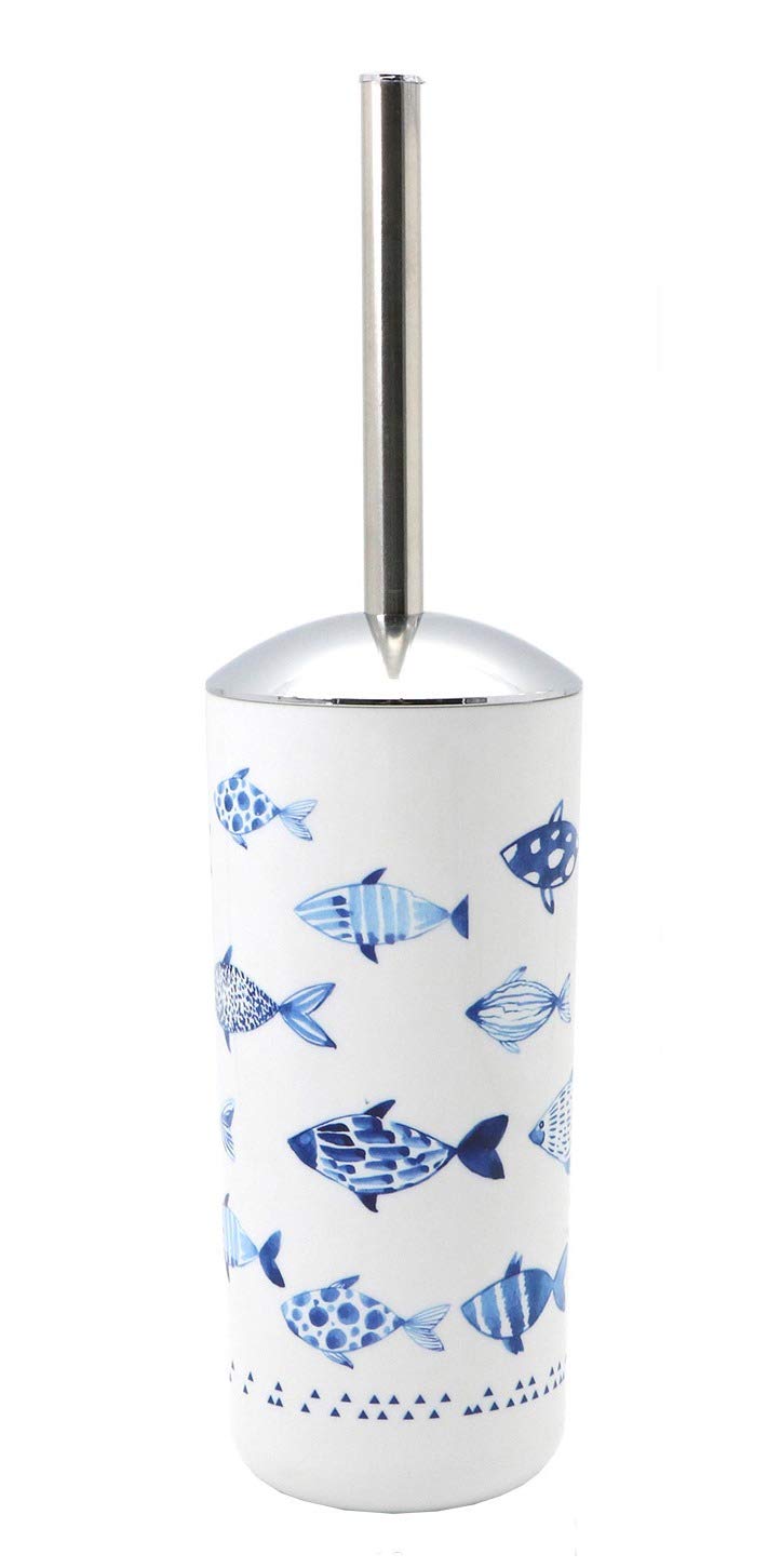 BM 4026 Set di Accessori da Bagno Bianco Blu Decorato Motivo Pesciolini, Accessori Bagno Completo 6 Pezzi, Dispenser, Portaspazzolino, Bicchiere, Portasaponetta, Portascopino, Pattumiera