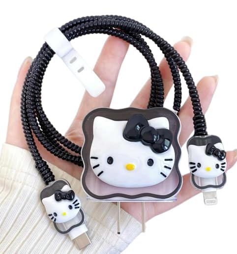 Image of Dezet For iPhone Charger 18-20W Cute Cartoon Charging Cable Protector Set For iPhone Fast Charging USB Cable With Protective Silicone Cover & Organizer Clip Stylish Design (MICKY CAT BLK 1),1M, Black