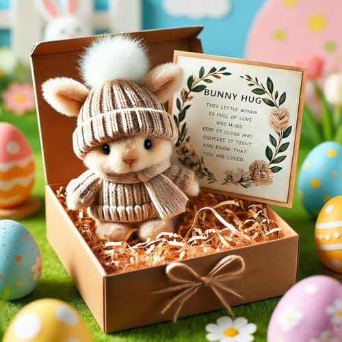 Handmade Mini Bunny Hug Cute Easter Gift with Card 2026 New Soft Plush Rabbit Mini Bunny Hugs in Box Easter Basket Bunny Stuffer Inspirational Easters Gifts for Women Men Mothers Day(Brown)