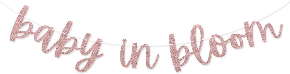 Baby in Bloom Rose Gold Glitter Banner Sign Garland Pre-strung for Spring Baby Shower Floral Theme Baby Shower Decorations Rose Gold
