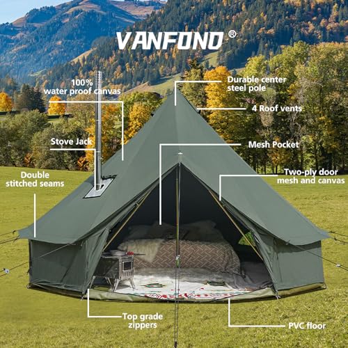VANFOND Canvas Bell Tent, Yurt with Stove Jack, Waterproof and Breathable Glamping Wall Tent, Detachable Groundsheet for Camping Party - Image 2