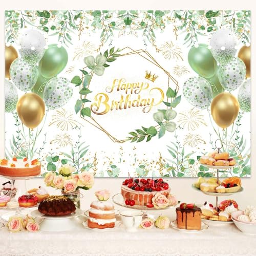 Image of Greenery Birthday Banner Backdrop 71 x 43 Inch Sage Green Party Decorations Happy Birthday Photo Backdrops Eucalyptus Leaves Ballon Banner for Photography Women 21st 30th Party Supplies