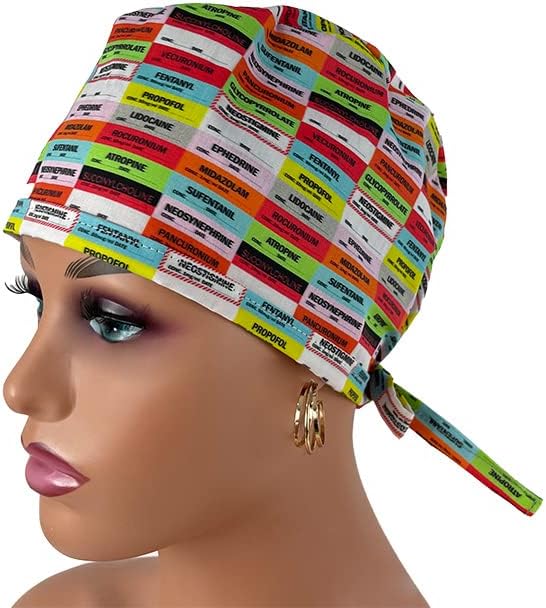 Unisex Medical Scrub Cap – Anesthesia Drug Labels - Dr. Hats, Nurses Hats. Multicolor
