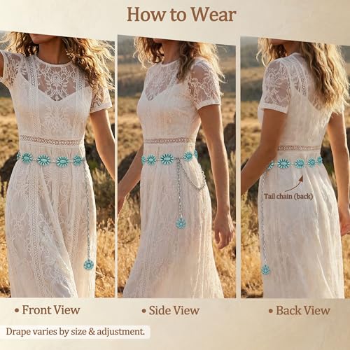 Image of Turquoise Belt Silver Western Chain Belt, Cowgirl Concho Style with Turquoises Embellishment for Women