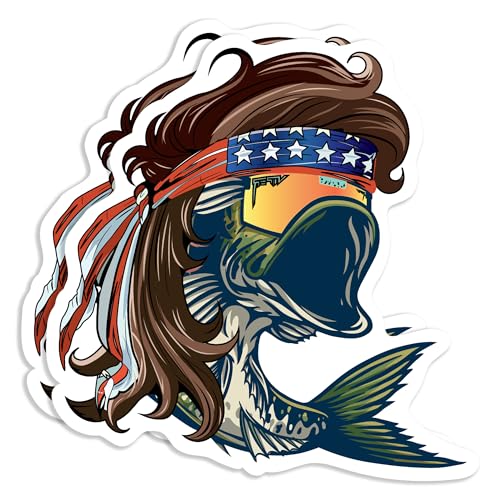 Image of Mullet Bass Sticker with US Flag Bandana (2 Pack), Strong Adhesive Waterproof Funny Fishing Stickers and Decals - No Fade, Used for Laptop, Window, Bumper, RV, Boat, Truck & Car