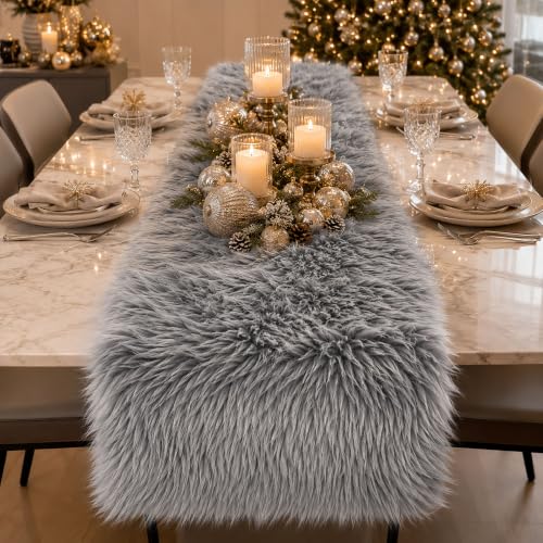 Gray Faux Fur Table Runner Winter Holiday Table Decor 11.8 x 70.8 Inch