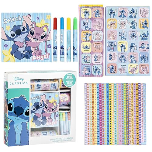 Stitch Schreibset für Mädchen – 1000 Sticker + Buntstifte | Stitch Malset mit Angel | Geschenk für Kinder | Schreibwaren Set
