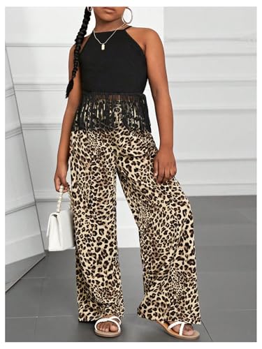 Floerns Girl's Elastic Waist Leopard Print Track Pants Straight Leg Street Pants4