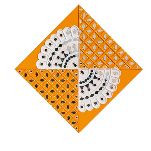 Image of Ethnics of Kutch Traditional Kutch Handicraft Mud-Mirrorwork Lippan Kam Wall Art (Water and Break Resistant) - Square (12 inch x 12 inch) - (Orange LKT-0286)