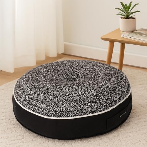 Image of Reversible 60x60x10 cm Woven Quilted Black Floor Cushion with Cotton Filler for Seating, Patio Seat, Meditation, Yoga, Pooja, Guests, Living Room, Bedroom, Large Size 24x24x4 Inch