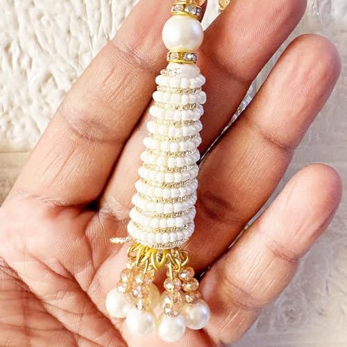 Image of Adikala Craft Store Handmade Ethnic Latkan Tassel Set of 2 for Saree Pallu, Blouse, Suits, Dupatta, Lehenga Decor (White French Wire)