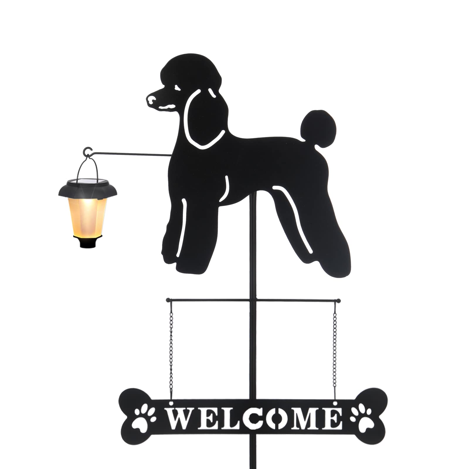 Solar Poodle Garden Stakes Decorative with a Lantern Dog Silhouette Welcome Sign Outdoor Garden Decor for Yard, Lawn, Patio, Pathway