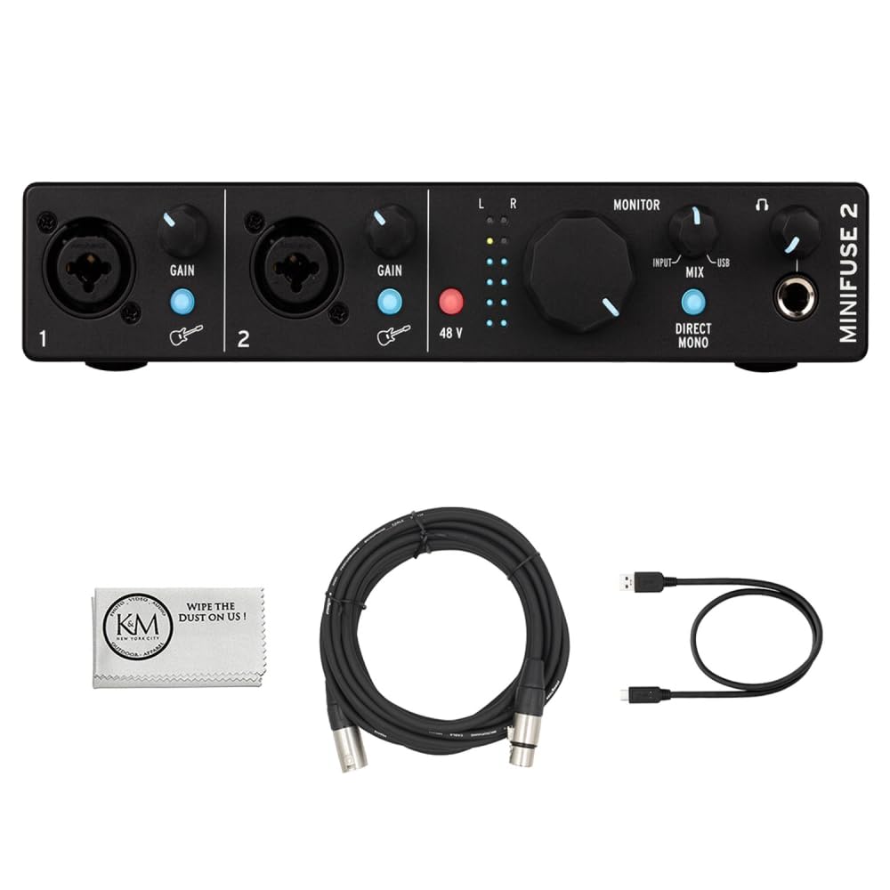 Arturia MiniFuse 2 Portable 2x2 USB Type-C Audio/MIDI Interface | Black Bundle with 20ft XLR Cable + Microfiber Cleaning Cloth (3 Items)