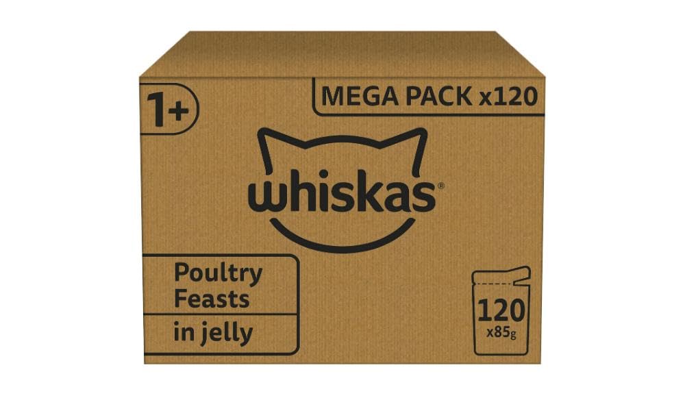 Whiskas Selección delicada en gelatina 1+, alimento húmedo para gatos, paquete de tamaño de reserva, 120 bolsitas cada una de 85 g (120 x 85 g)