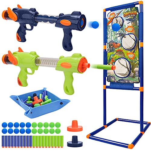 Shooting Game Toy for Kids, 2 Popper Air Guns with Standing Shooting Target Toys for Boys Girls, 20 Foam Balls 20 Foam Darts, Dinosaur Theme Indoor Outdoor Activity Ideal Gift
