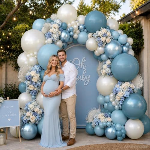 Image of Dusty Blue Balloon Garland Double Stuffed Pastel Slate Blue White Balloons | Pearl Sand Balloon Arch Kit for Baby Shower Birthday Bridal Wedding Graduation Engagement Party Decorations