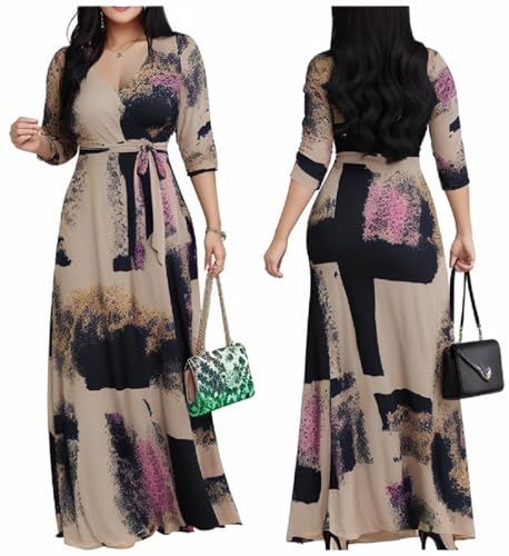 Image of Women's Church Maxi Wrap V Neck 3 /4 Sleeve Tie Waist Plus Size Long Dress | Flattering wrap V-neck design enhances curves. High elastic tie waist accentuates the slimmest part, hides tummy.