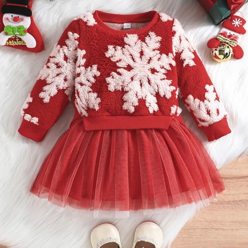 Toddler Baby Girl Christmas Dress Outfit Fleece Snowflake Ugly Sweater Tutu Skirts Holiday Dresses Warm Clothes2