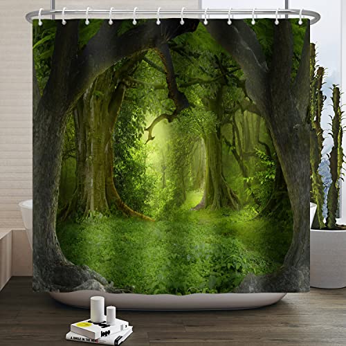 SDOTPMT 140x180cm Magic Forest Shower Curtain Fairytale Fantasy Jungle Tree Green Plant Grassland Bath Curtain Natural Landscape Bathtub Curtain for Bathroom Decor Fabric Polyester with Hooks - Image 3