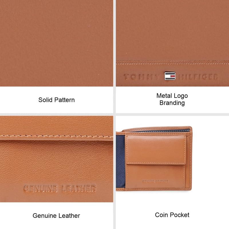 Image of Tommy Hilfiger Men's Leather Global Coin Wallet Colatina - Tan | Slim Bifold with 4 Card Slots, 2 Bill CompartMen'sts & 6-Month Warranty | Stylish Purse for Men's
