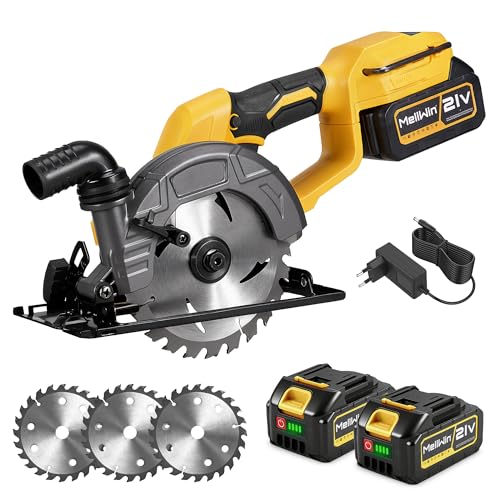 MELLWIN Scie circulaire sans fil 15 cm (6 pouces), sans balais, 7 200 tr/min, 2 batteries 4 000 mAh, profondeur de coupe en plongée : 55 mm, angle de coupe : 0-45°, 21 V, 3 lames de scie 16 dents