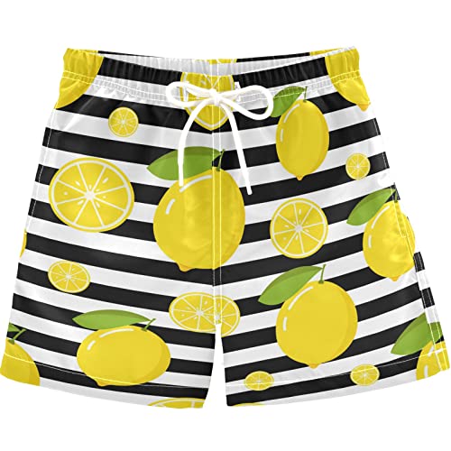 visesunny Summer Boy's Beach Shorts Quick Dry Soft Drawsting Swim Trunks Yellow Lemon Black White Stripe Baby Boy Bathing Suit with Pockets