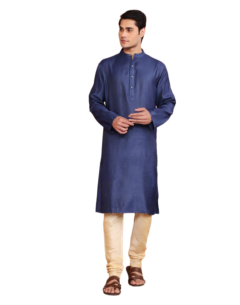 Blue Viscose Silk Zari Stripe Long Kurta-image-19