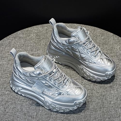 Women's Platform Increase Fashion Sneakers,Comfy Low Hidden Wedge Lightweight Casual Anti-Slip Running Sneakers Outdoor Lace Up Slip-on Leather Patchwork Breathable Mesh Walking Shoes3