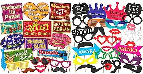 WOBBOX Mehndi Decoration Sangeet Night Party Props, Bollywood New Dialogue Multi Colour, Decoration Items (19 Pcs) & Photo Booth Party Props - 31 Piece DIY Kit