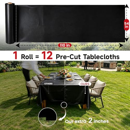 Image of Plastic Table Cloth, 110 Ft X 54 in Disposable Tablecloth PEVA Black Plastic Tablecloth Roll with Any Cut Sliding Cutters Premium Table Cover Roll for Everyday Tables, Meals, Parties, Crafts, Picnics