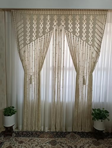 Image of Macrame Window Curtains, 7 Feet Length, Woven Boho Panel Macrame Door Curtain Long Doorway Curtain Macrame Wall Hanging Bedroom Wall Decor Boho Wall Art Size W 40 * 84 L