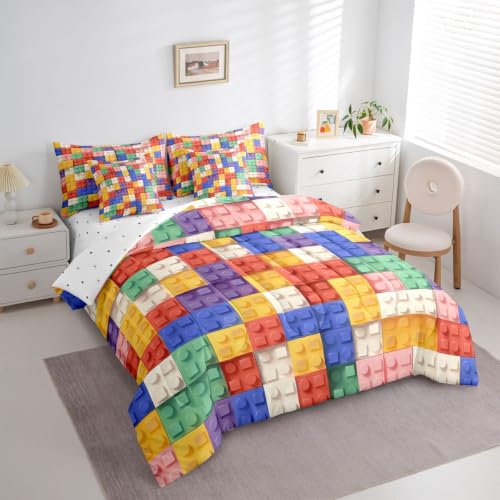 Image of Feelyou Building Block Print 7 Piece Bedding Set Full Size Kids Brick Styles Comforter Set with Sheets for Boys Teens Colorful Gaming Bed in a Bag Green Red Yellow Blue Room Decor