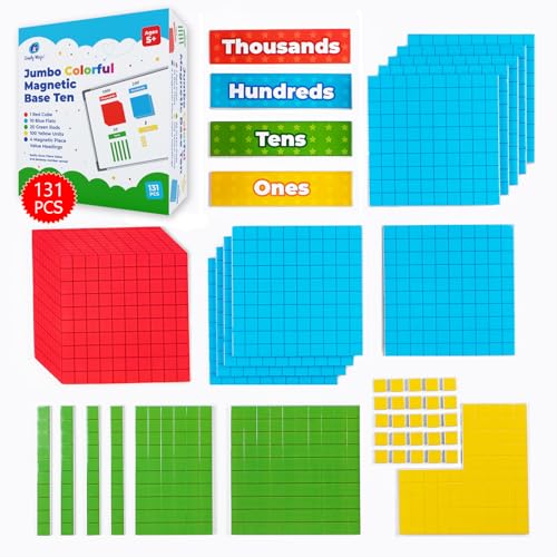 Simply magic 131+4 PCS Jumbo Colorful Magnetic Base Ten Blocks for Math + Headings - Place Value Manipulatives Magnets Math Manipulatives Base 10 Blocks Counters for Kids Classroom Must Haves
