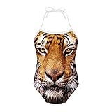 ELEQIN Girls One Piece Swimsuit Halter Adjustable Swimwear with Tiger Head for 9Y-10Y