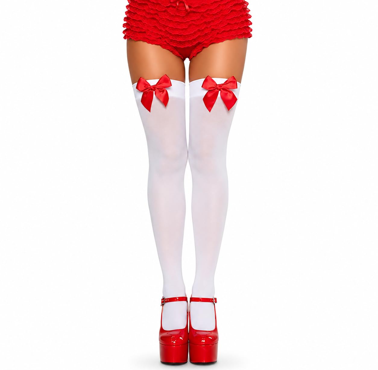 Leg Avenue Nylon Thigh Highs with Bow (White/Red)