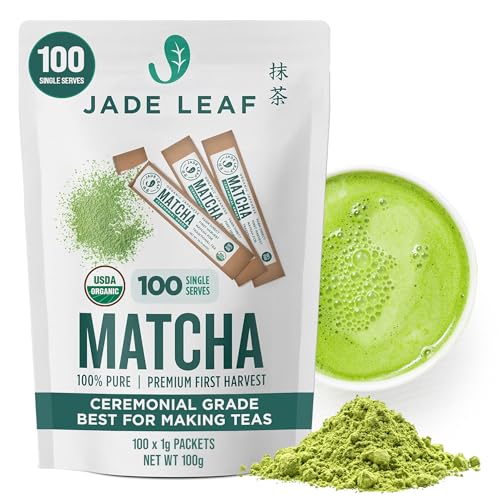 Image of Jade Leaf Matcha Organic Ceremonial Grade Matcha Green Tea Powder On The Go Packets - For Lattes, Smoothies, Usucha, 100 Count (0.04 Ounce Packets)