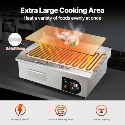 Image of VEVOR Commercial Electric Griddle, 22 inch, 1600W Countertop Flat Top Griddle, Stainless Steel Teppanyaki Grill w /Iron Cooking Plate, 122-572℉ Adjustable Temp Control 2 Shovels & Brushes, 110V