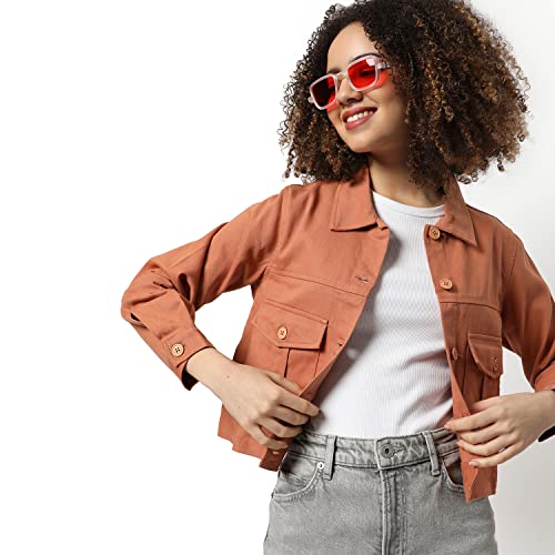 Image of Campus Sutra Women Orange Regular Fit Denim Jacket For Winter Wear | Collared Neck | Full Sleeve | Buttoned | Casual Jacket For Woman & Girl | Western Stylish Jacket For Women