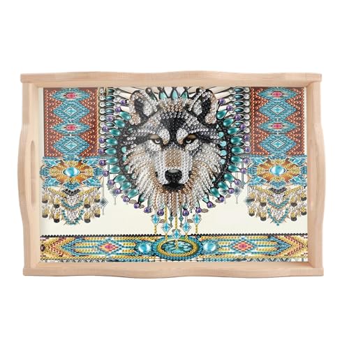 Image of DIY Diamond Art Tray with Handle Diamond Art Painting Plate Creative Design Handmade Wooden Tray Mosaic Making Kits by Number Kits Diamond Art for Coffee Living Room Home Organizer (Dreamcatcher Wolf)