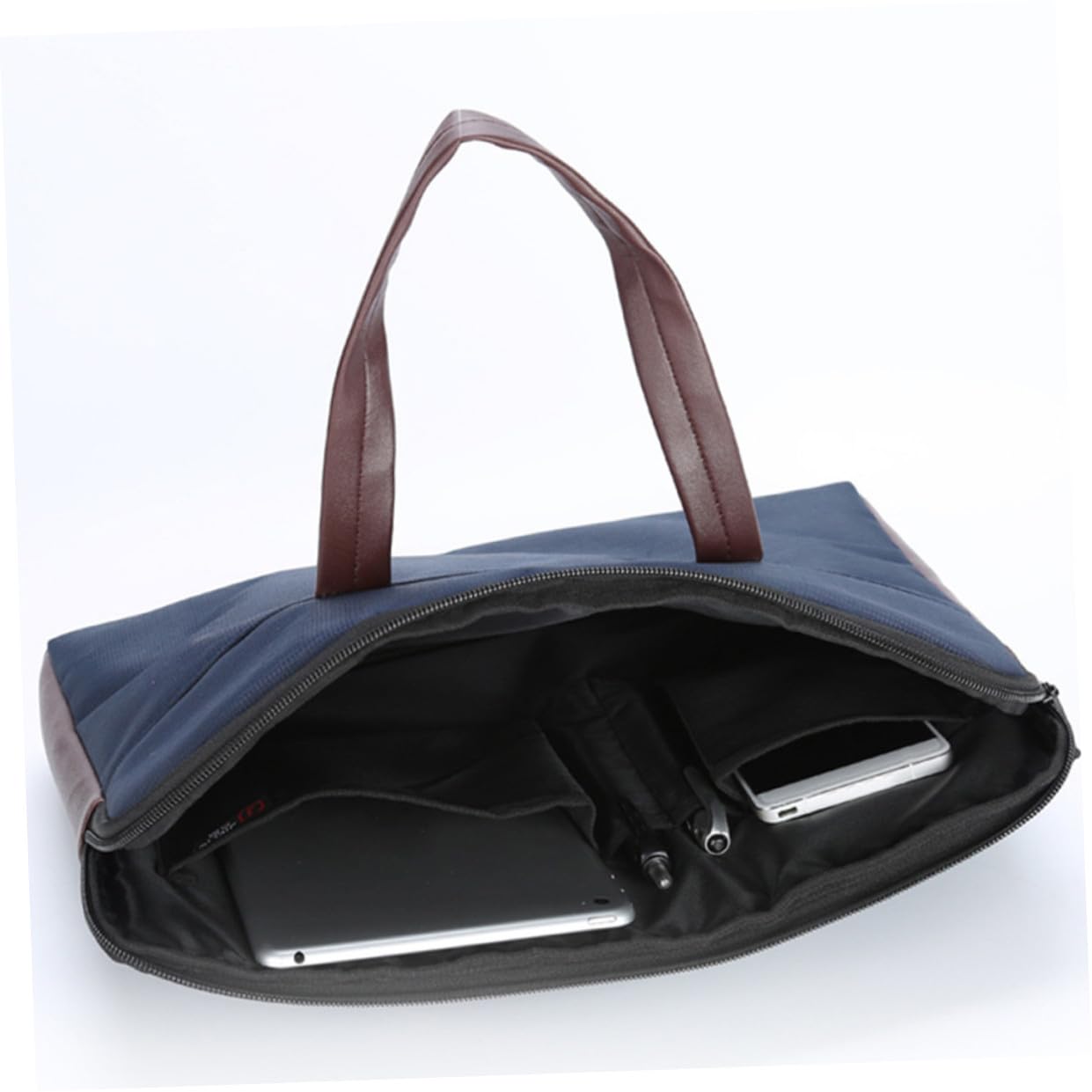 Borsa Porta Documenti Uomo in Tessuto Blu Chiusura a Zip, Tasca Anteriore e Scomparto Principale, per Riunioni e Viaggi di Lavoro