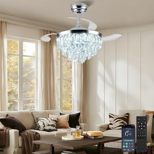 LEONTYNE Quiet 36 inch Retractable Ceiling Fan with Light - DC Motor, Dimmable LED (3 Colours), Remote & App Control - Chrome Crystal Fan Light Ceiling for Bedroom Living Room Dining Room