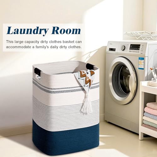 Image of Laundry Hamper, 85L Tall Laundry Basket with Leather Handles, Rectangle Large Clothes Hamper for Organizing, Cotton Woven Laundry Baskets Storage Hampers for Bedroom, Nursery, Living Room