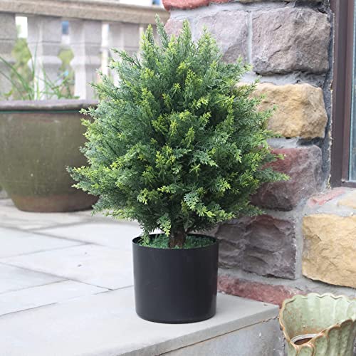 ECOLVANT Two 21''T Artificial Topiary Ball Trees Faux Bushes UV Resistant Artificial Shrubs Potted Fake Cedar Trees for Outdoor Indoor Front Porch Garden