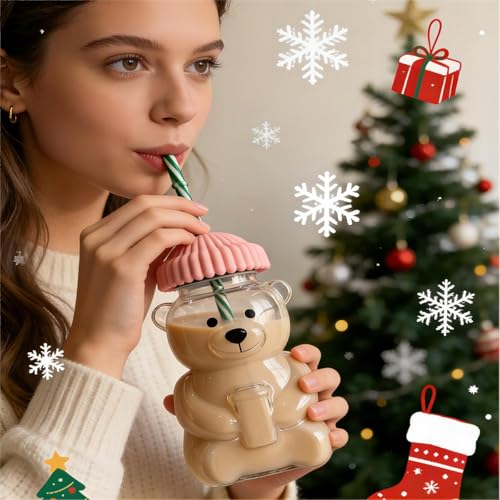 Image of CHONGZFU 2026 New Glass Bear Cup Bear Straw Cup, 20oz Cute Bears Glass Tumbler with Reusable Straw - Cute Animal Mug for Hot and Cold Drinks, Smoothies, Water, Juice, Travel & Gifts 1 Pcs (Pink Cup)
