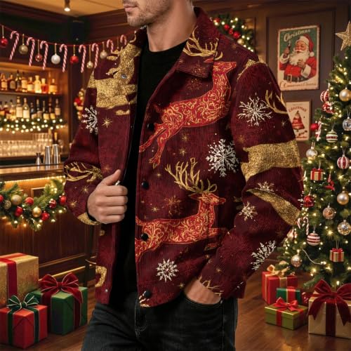 Varsity Jacket Men Christmas Print Vintage Snap Buttons Long Sleeve Shacket - image 4