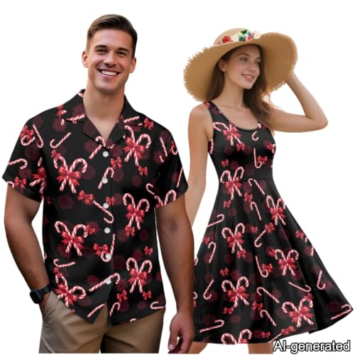 Image of Dreaweet Summer Dresses for Women A-Line Sleeveless Flowy Sun Dresses,Men's Casual Button-Down Shirts,Couple Matching Outfits
