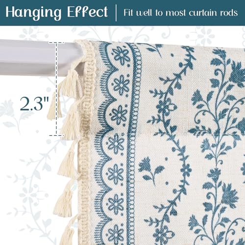Image of Yinhua 2 Pack Boho Valance Curtains Vintage Linen Kitchen Valances for Windows Light Filtering Bohemian Floral Valance Rod Pocket Tassel Window Valances for Bathroom Cafe, 52 inch W X 18 inch L, White Blue