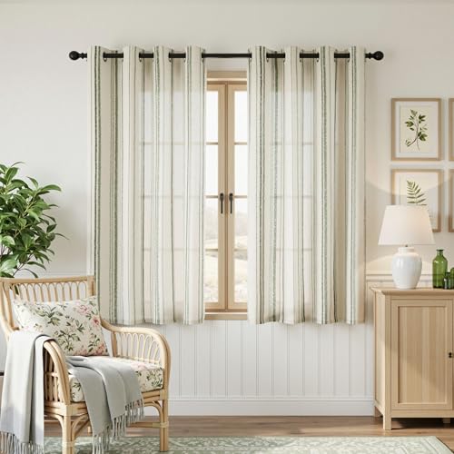 Image of MYSKY HOME Green Striped Patterned Curtains 63 Inches Long Ticking Stripe Pinstripe Farmhouse Linen Blend Curtains for Bedroom Light Filtering Window Drapes, Grommet, 2 Panels, 52 inch Wide